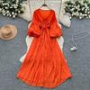 Retro V-Ne Belted Waist Lantern Sve Dr Knee-Length A-Line Midi Dresses Korean Sle Summer Long Dress for Women