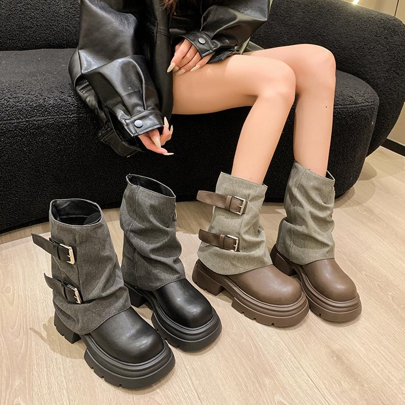 Design Sense Year Versatile Fashion Retro Belt Buckle Middle Boots Children's Autumn and Winter Color Matching New British Style