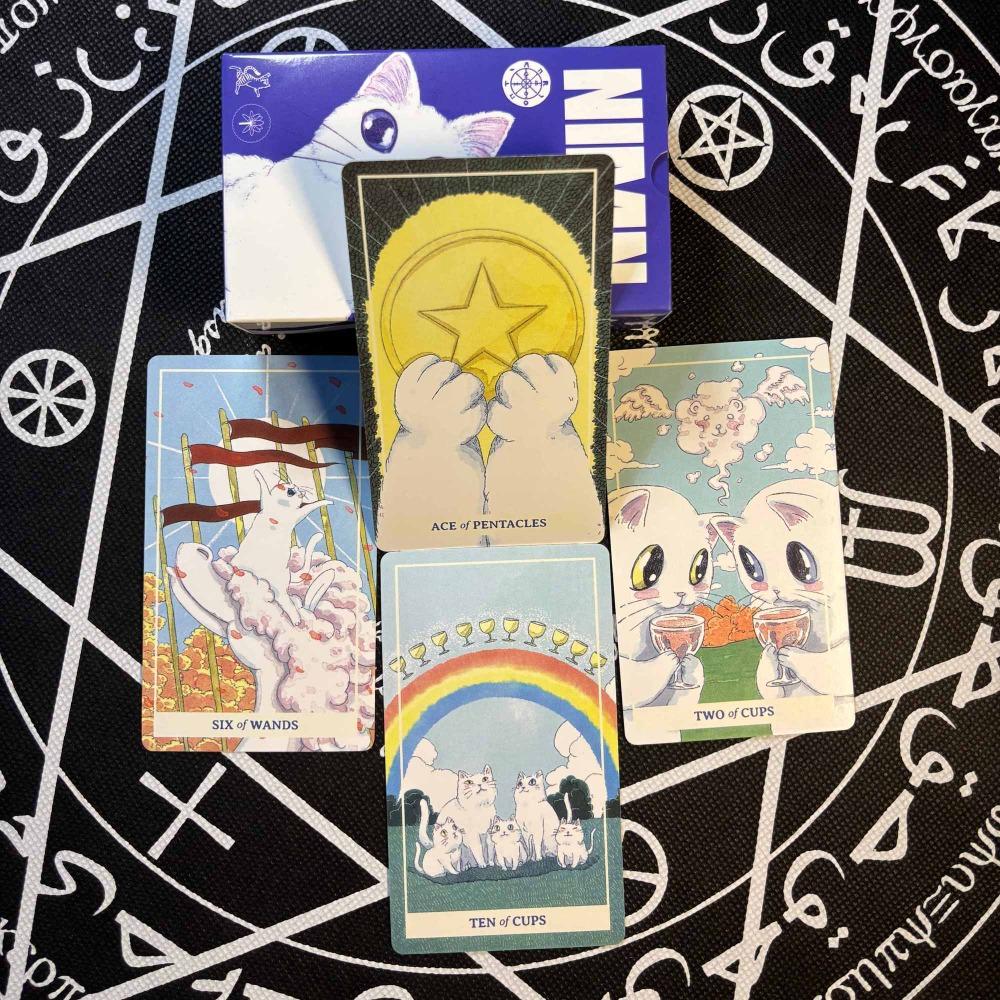 NIMN White Cat Tarot for Cat Lovers, Cute 78-Card Tarot Deck, 10.3*6cm Whimsical Watercolor Feline Kawaii Tarot
