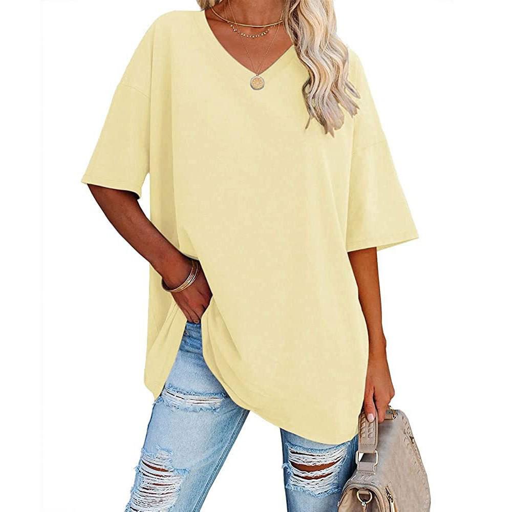 European and American Women's Summer V-Neck Loose Cotton Top – Solid Color, Short-Sleeve