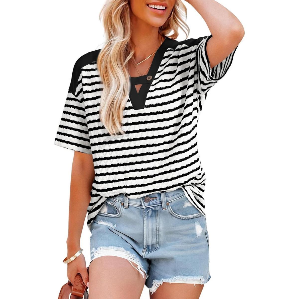 New Colorblock Striped V-Neck Buttoned Casual Short Sleeve Women s Top, Summer Fashion Blouse for Women S чёрный