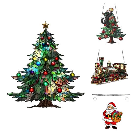 Yousheng Acrylic Suncatcher Christmas Ornaments Stained Glass Effect 2D Flat Train/Christmas Tree/Santa Claus Window Hanging Decoration for Holiday