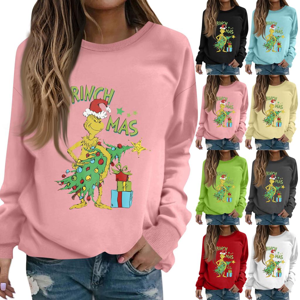 Women's Fashion Casual Long Sleeve Solid Color Christmas Printed Round Neck Top Sweatshirt
