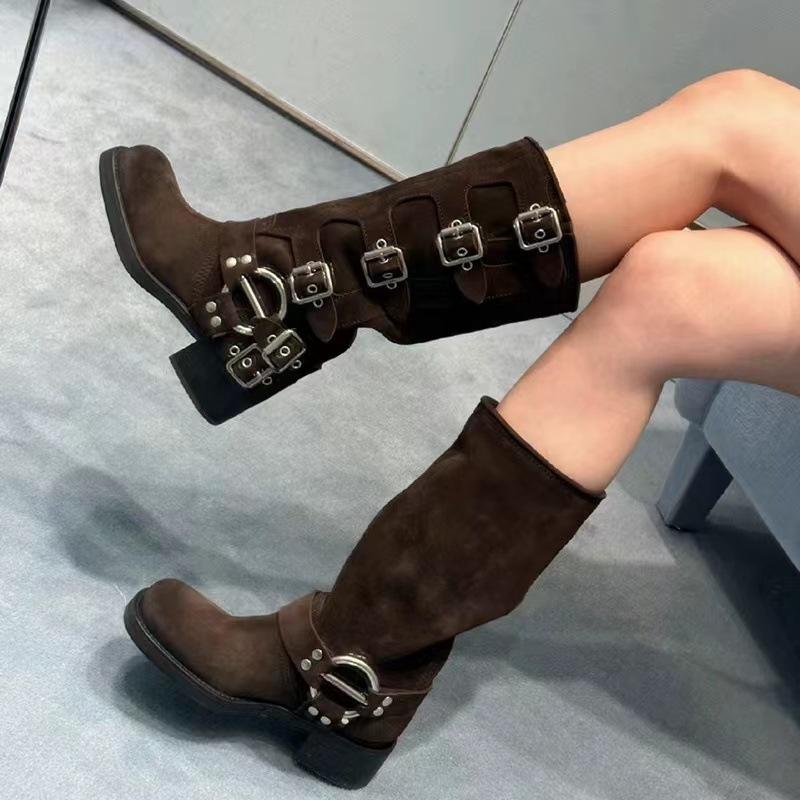 

Женские рыцарские сапоги до колена на толстом каблуке из натуральной кожи ручной работы, в западном ретро-панк стиле, коричневые мотоциклетные сапоги 36 коричневый