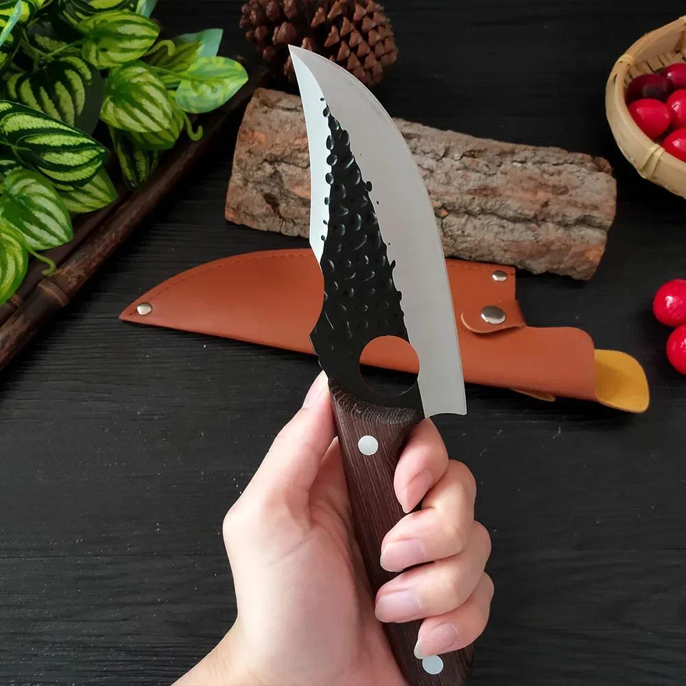 With Finger Hole Boning Knife Meat Cleaver Chopping Vegetables Kitchen Knives Hand Forged Blade Chef Slicing Knife Wooden Handle
