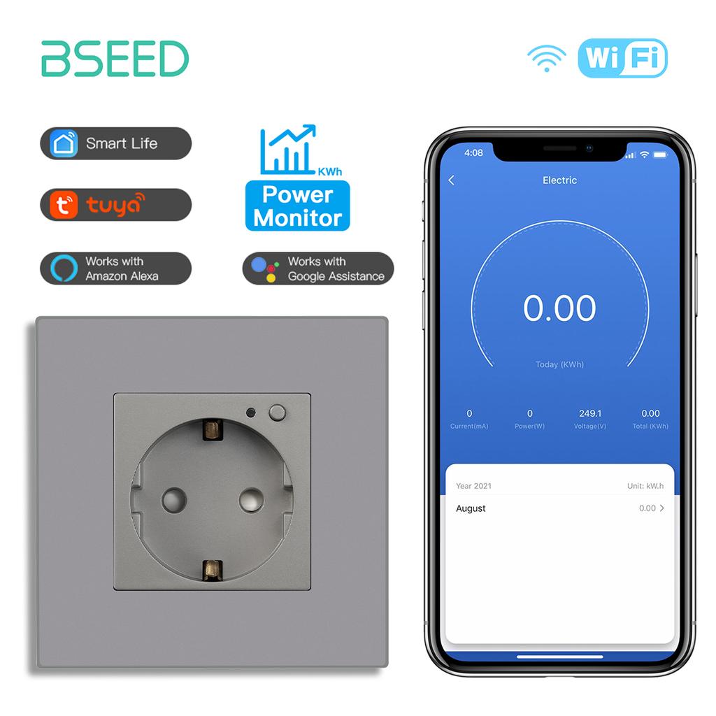 BSEED EU Smart Wifi Control Power Monitor Sockets 16A 110V-250V Power Wall Sockets Plastic Flame Support For Tuya Google Alexa