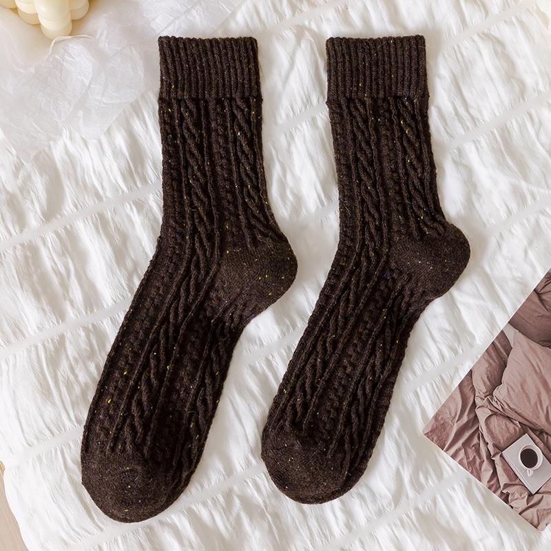Wool Socks Children'S Season Mid-Tube Socks Versatile Solid Color Retro Twist Pattern Fleece Thickened Warm Pile Socks Women