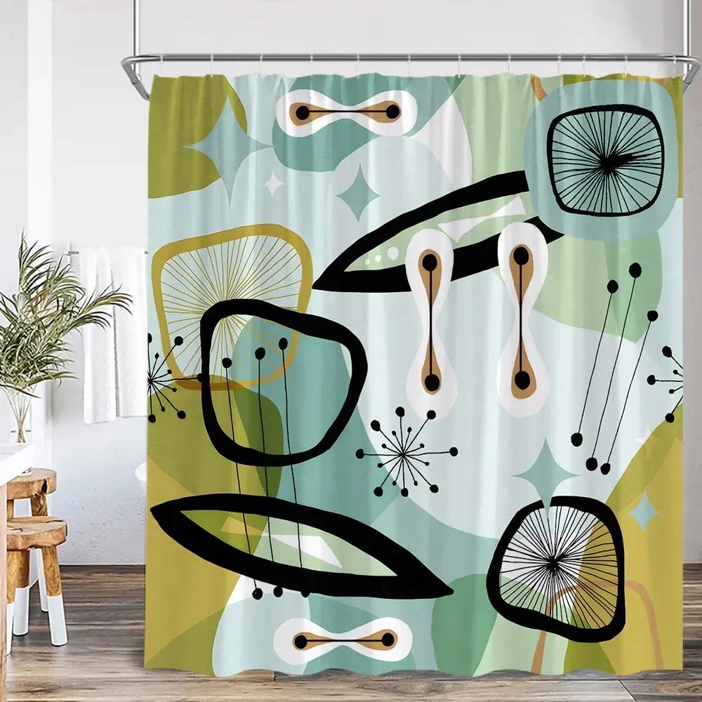 Vintage Abstract Shower Curtain Green Leaf Geometric Nordic Modern Bathtub Decorative Simple Polyester Shower Curtain with Hook