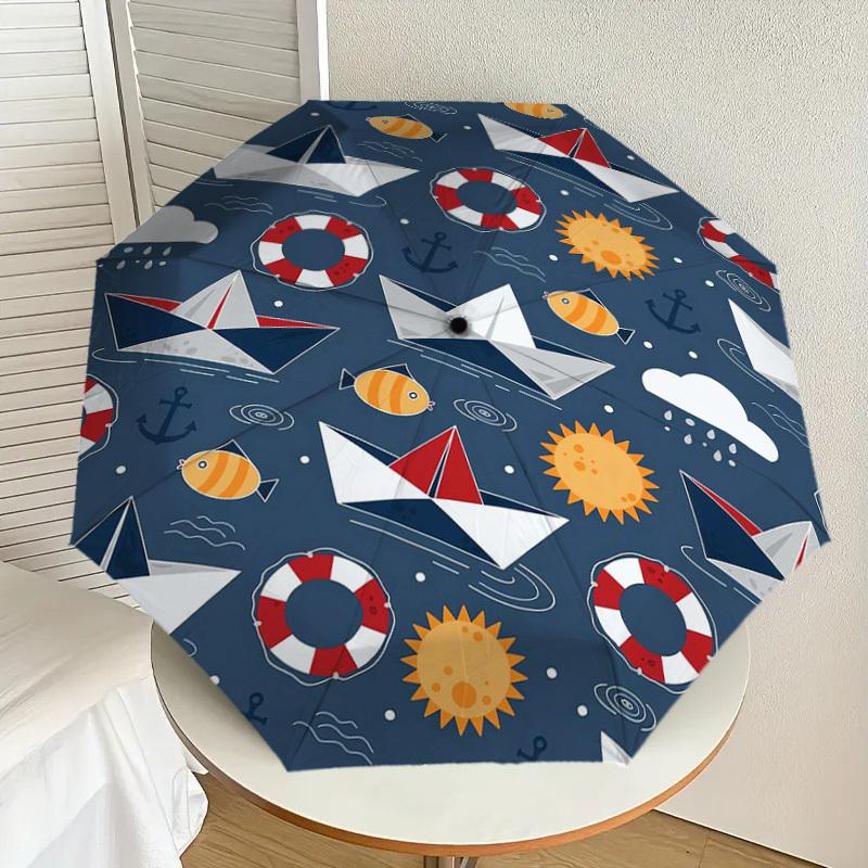 1pc Nautical Pattern with Boats, Fish, and Lifebuoys Umbrella with Plastic Handle,Suitable for All Seasons Home Travel Outdoor UmbrellaDD1541