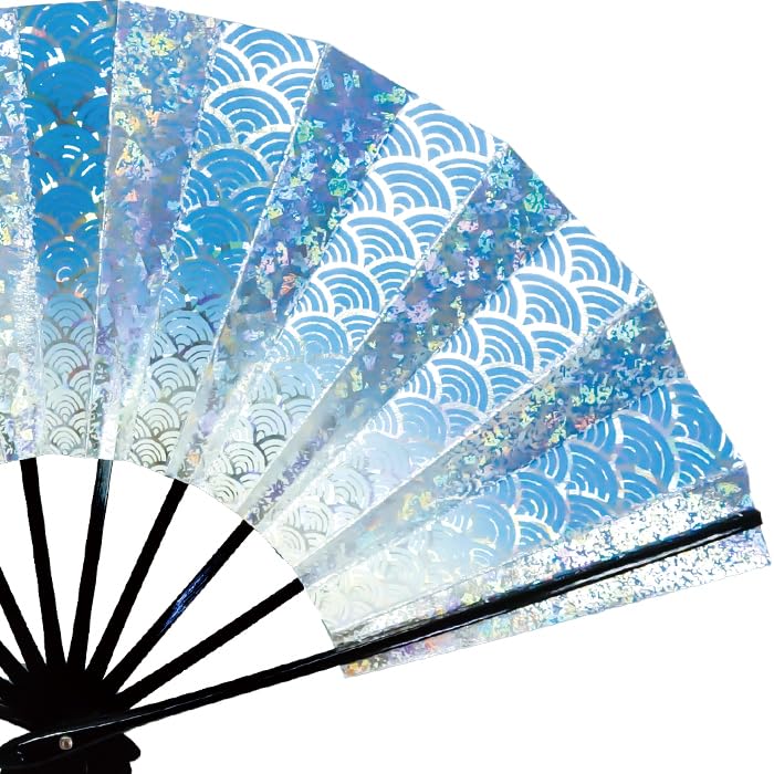 [Adesugata] Dance Fan, Dance Fan, Seigaiha Pattern, Hologram Foil, Japanese Dance, Light Blue, Black, Black Painted Rib (Light Blue, 9.5 inches)