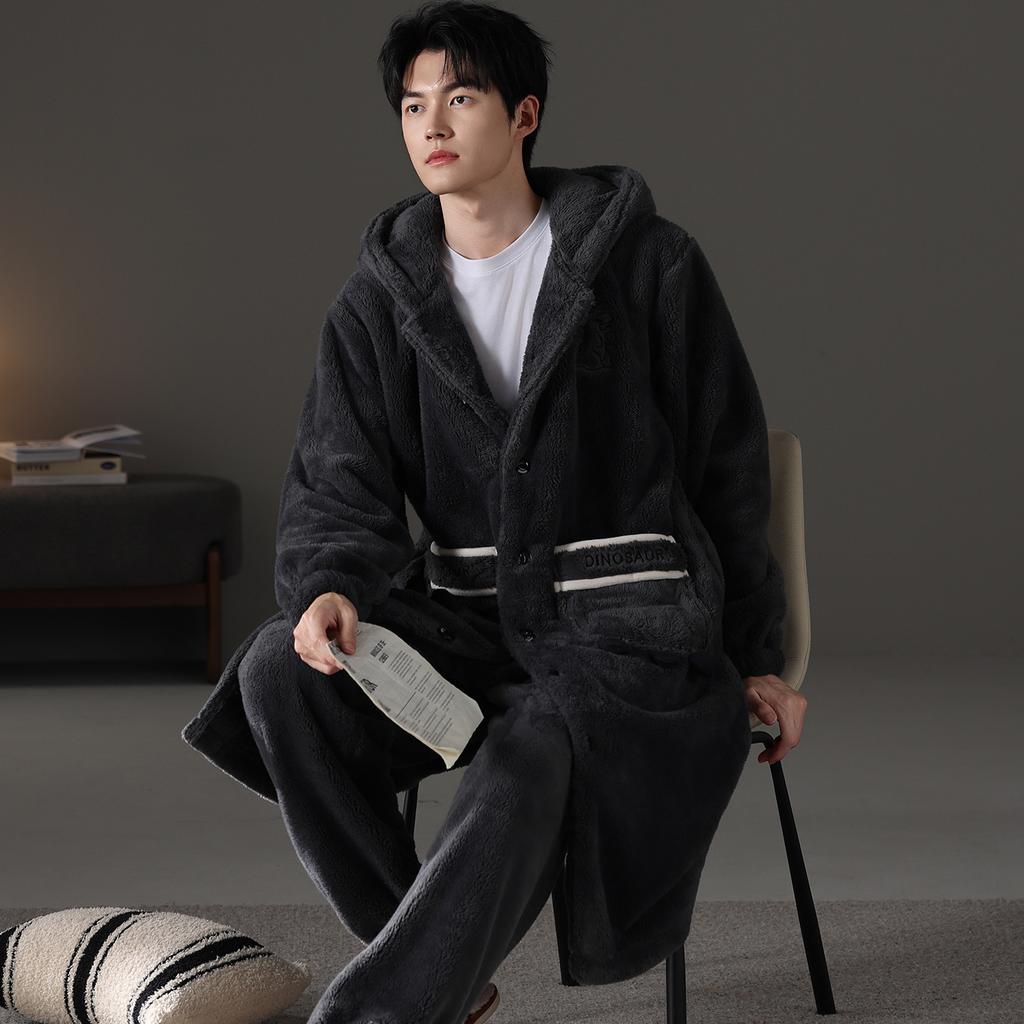 Nightgown Men's Autumn and Winter Coral Fleece Suit Pajamas Winter Hooded Thickened Fleece Flannel Loungewear Warm