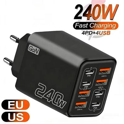1 Stück 8-in-1 Schnelllade-Handy-Ladegerät Netzteil 240W GaN USB-C-Ladegerät Typ-C EU/US/UK-Stecker Wandladegerät für Handy
