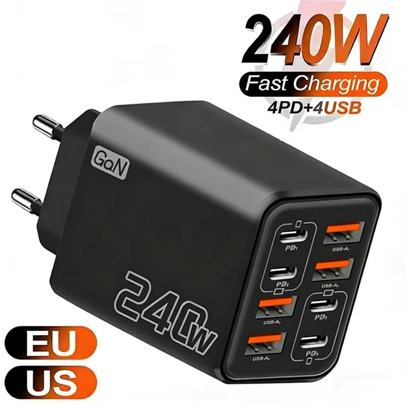 1Pcs 8 In 1 Fast Charging Phone Charger Power Adapter 240W Gan Usb C Charger Type C Eu/Us/Uk Plug Wall Charger For Phone