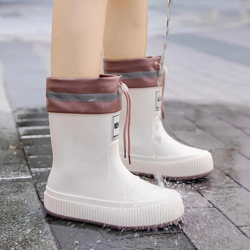 

Women s Mid-Calf Fleece Lined Tying Rain Boots Fashionable Waterproof Kitchen Anti-Slip PVC Shoes Warm Comfortable Slip-On Boots 40/41