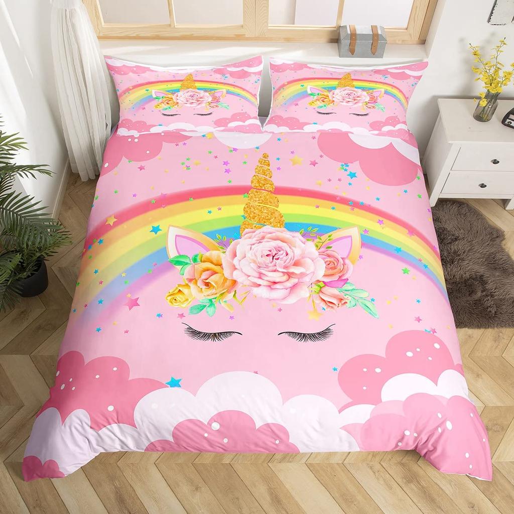 Unicorn Duvet Cover Set Cartoon Galaxy Rainbow Colourful Unicorn Cute Romantic Theme For Kids Girls Polyester Comforter Cover
