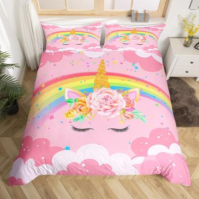 Juego de funda de edredón de unicornio con dibujos animados de galaxia, arcoíris, unicornio colorido, lindo tema romántico para niñas y niños, funda de edredón de poliéster