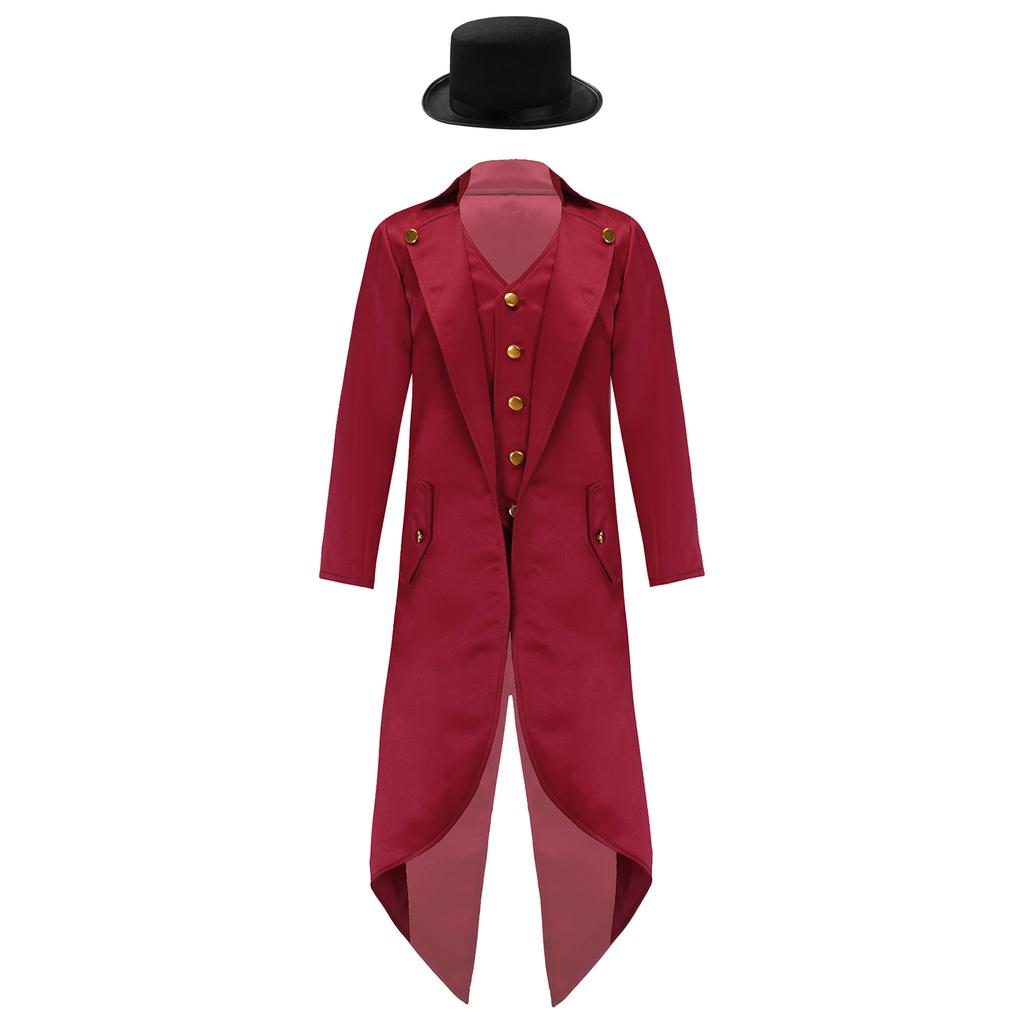 Kids Victorian Costume Retro Renaissance Tailcoat Jacket Gold Buttons Felt Hat Magician Ringmaster Party Outfit