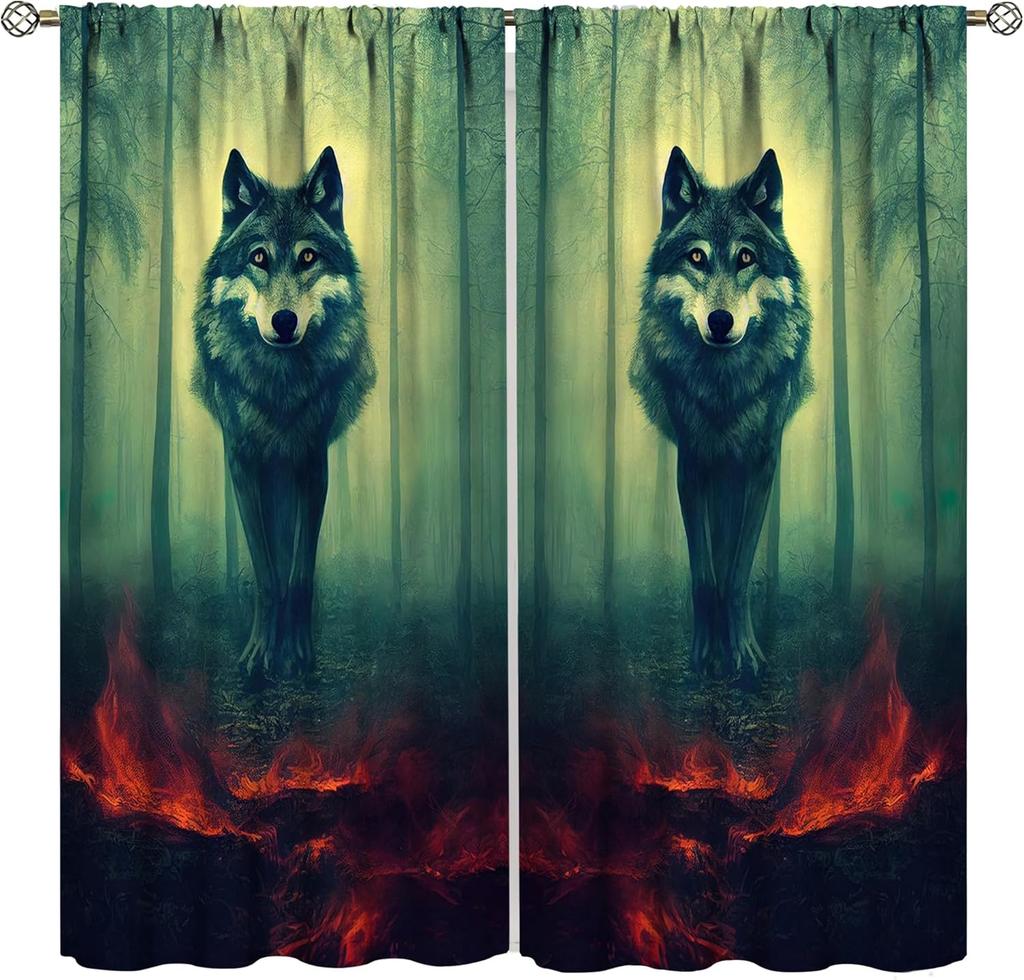 Wolf Curtains,Howling Wolf Aurora Nature Scenery Drapes for Boy Girls Bedroom Living Room Kitchen Window Treatment 2 Panels Set