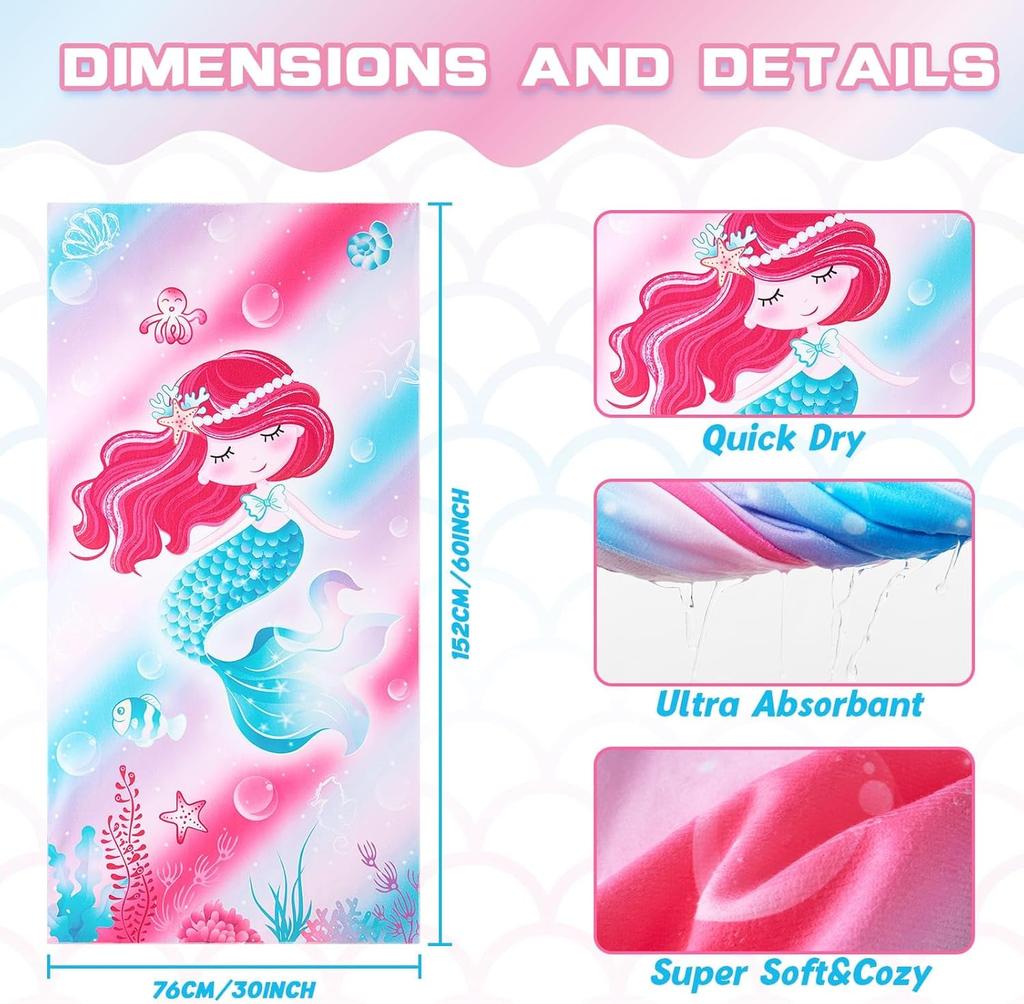 Magic Mermaid Beach Towel for Girls, Colorful Ocean Princess Art Quick-Dry Sand-Free Microfiber Bath Towel for Pool and Travel