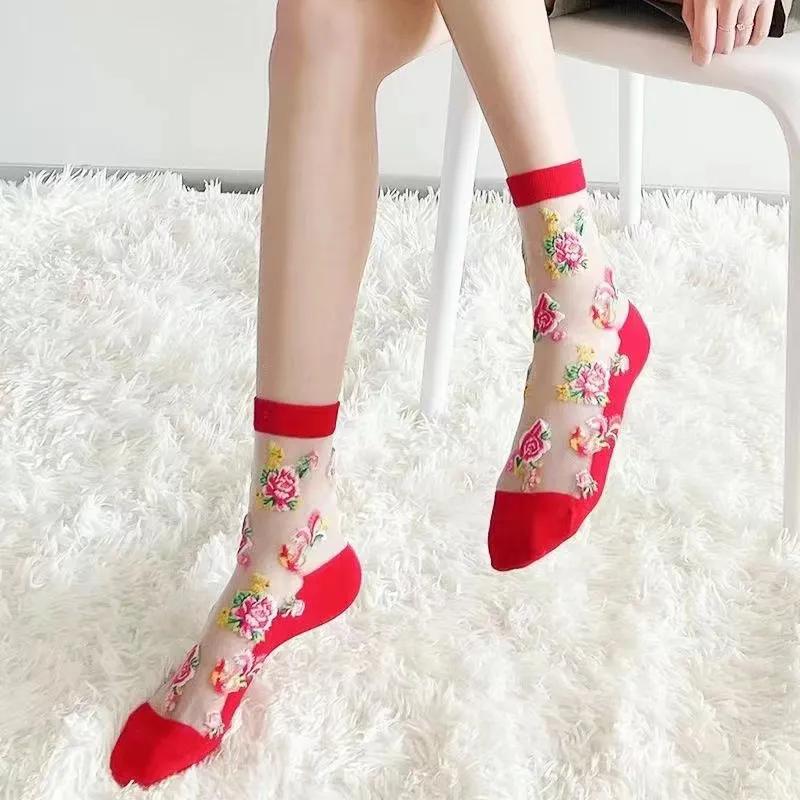 5 Pairs of Women's Summer Thin Style Crystal Silk Socks with Cotton Sole, Anti Slip and Anti Hook Silk