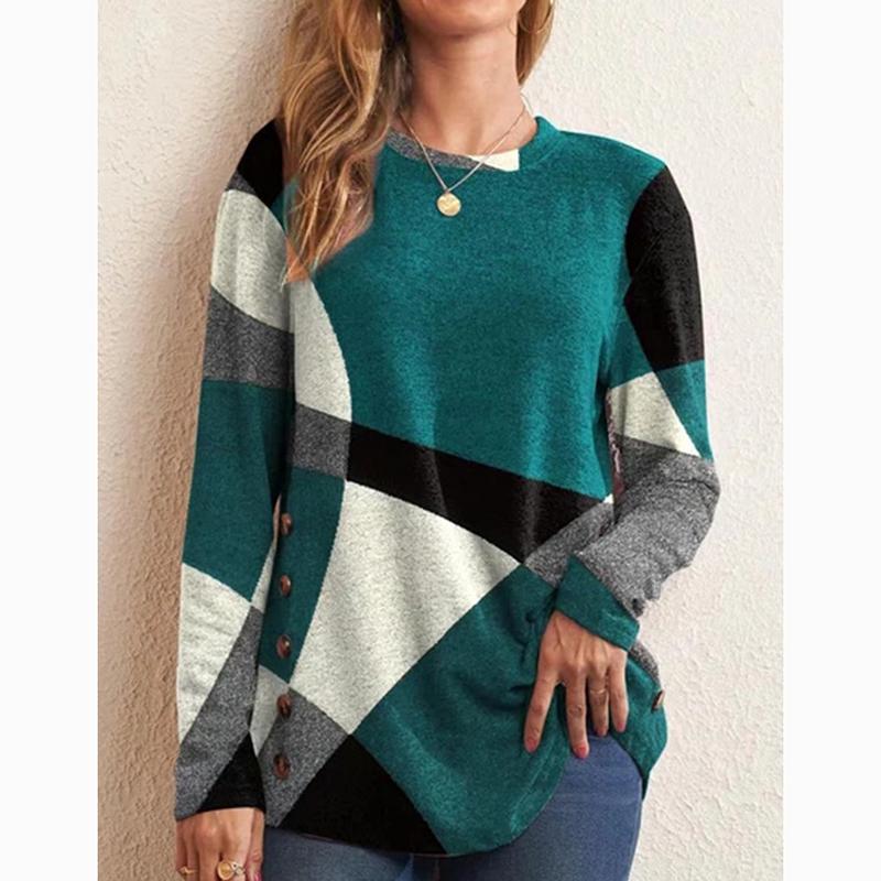 Moda Contraste Impresso Gola Redonda Camiseta Feminina Longa Seeve Solta Casual Camiseta Tops Escritório Senhora Plus Size Mulher Camisetas 24036