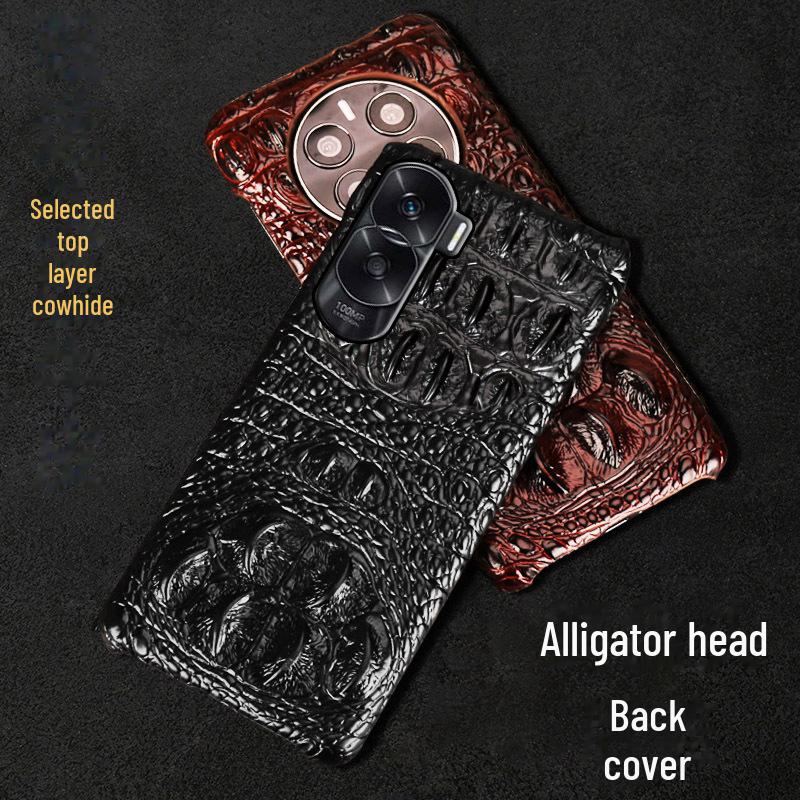 Genuine leather half-cover protective case for Honor X50, featuring cowhide, crocodile pattern, and skull design.