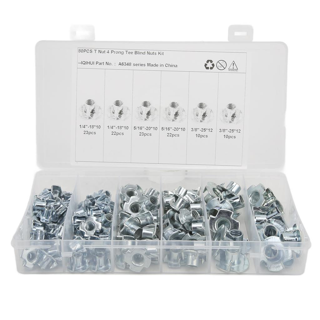 110Pcs T Nuts 1 4in 5 16in 3 8in Steel Corrosion Resistant Galvanized Rustproof Pronged Tee Nut