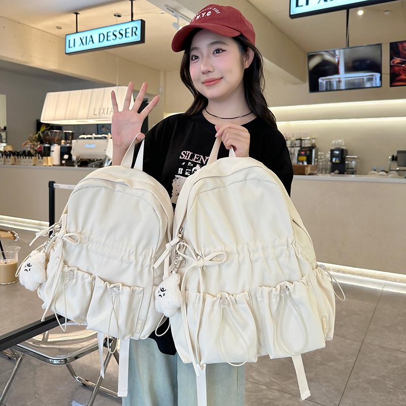 Schoolbag Student Schoolbag Pleated Bag Female Travel Lightweight Cute Bow Schoolbag Junior High School Girls College Student Backpack