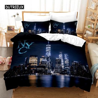 Parure de lit avec vue nocturne sur la ville de New York, ensemble de literie avec housse de couette et taie d'oreiller pour lit Queen et King Size, textile doux pour la maison