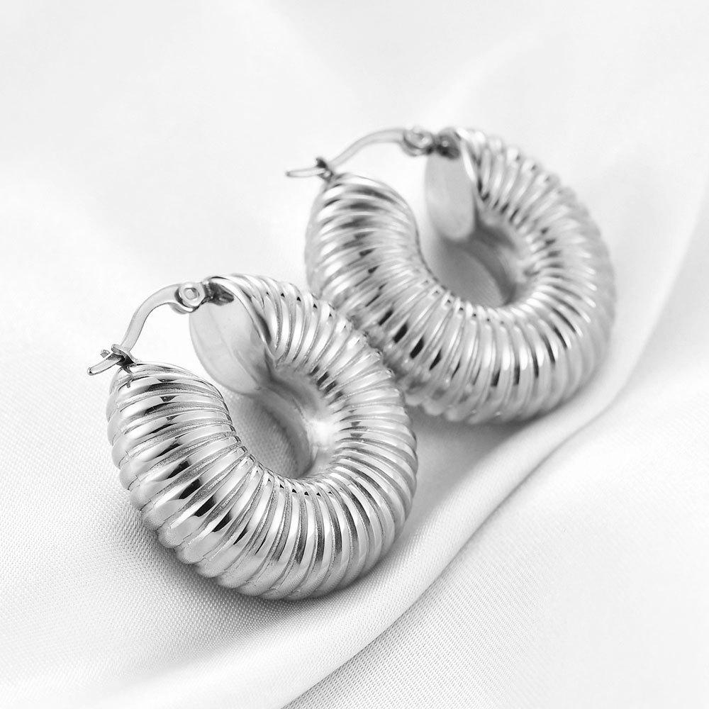 30MM Fashionable Striped Stainless Steel Earrings - 18K Gold Plated