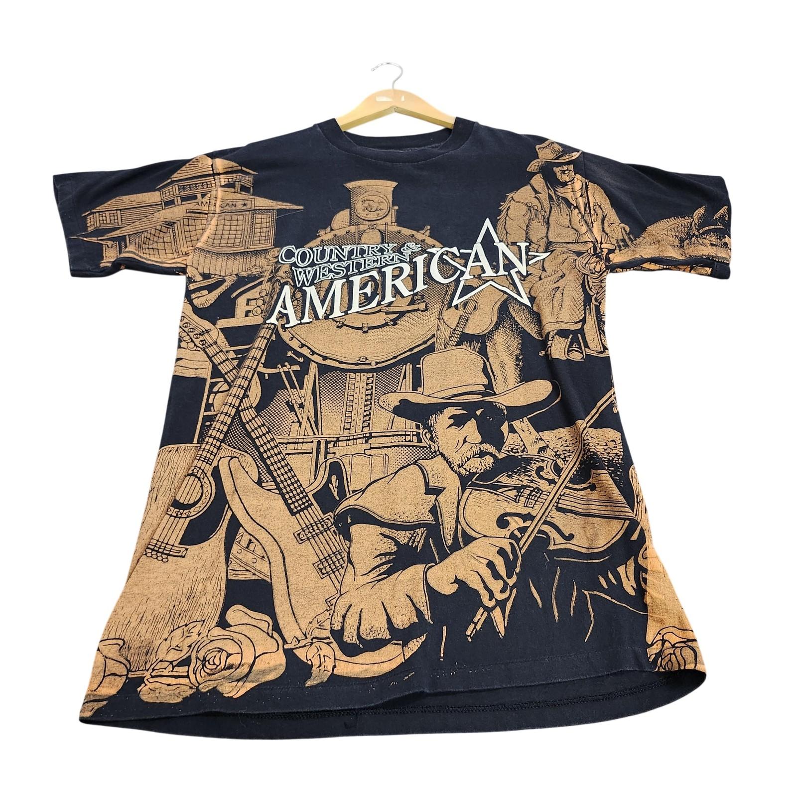 Country Western American Shirt Mens Large Black Cowboy Train Graphic Tee Top Unisex T-Shirt S