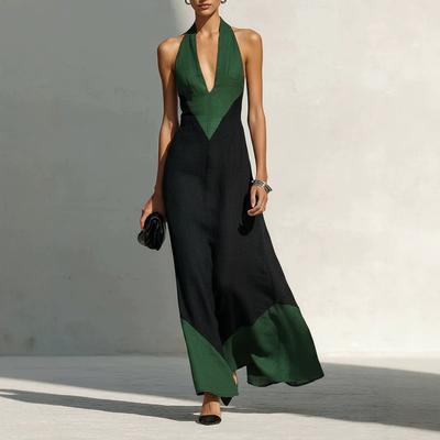 European and American Summer New Women's Linen Blend Deep V-neck Temperament Elegant Contrasting Color Suspender Dress