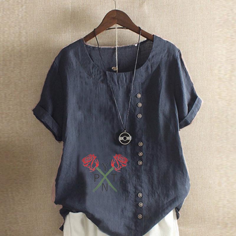 Damenmode Rundhals Kurzarm T-Shirt Lässig Baumwolle Leinen Grafikshirt Rosenmuster Sommerbluse Tops Übergröße