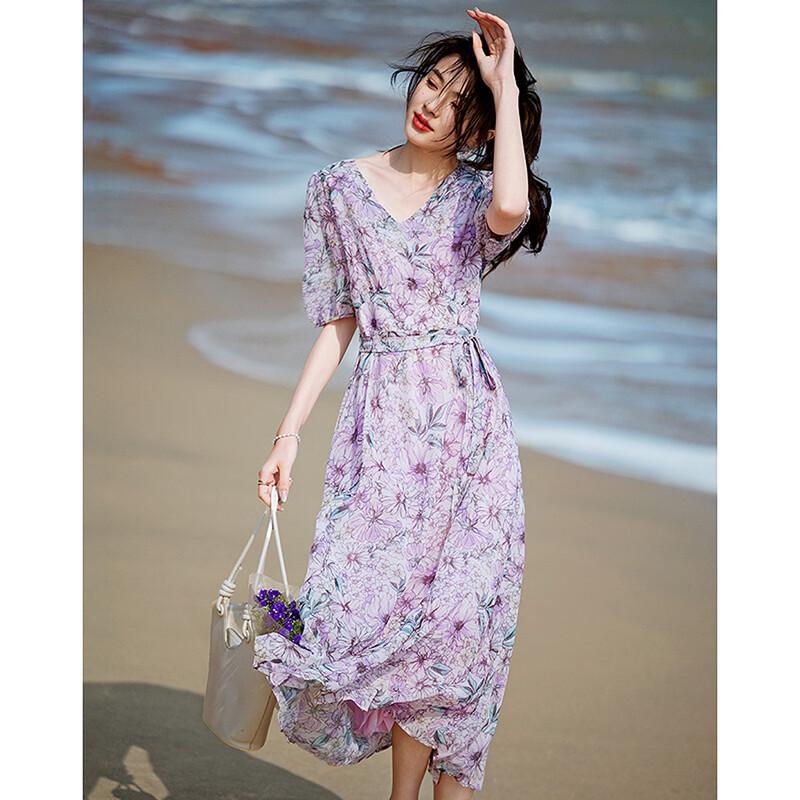 Demana 'Blossom Radiance' Printed Chiffon V-Neck Belted Irregular Hem Dress