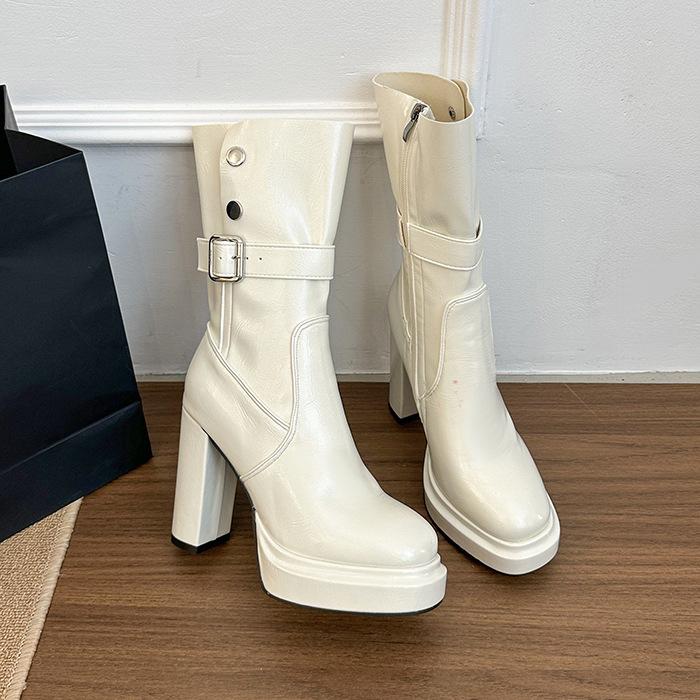 

White British high-heeled medium boots for women 2025 new autumn with skirt heightening and thin boots Martin boots for women 35