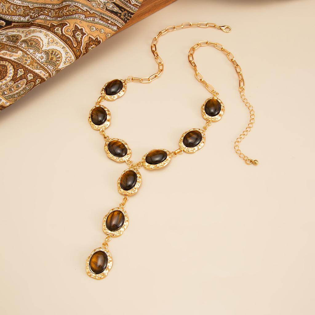 Vintage Lekki Luksusowy Naszyjnik z Żywicy z Koralikami z Kamienia Tygrysiego Oka, Modny Geometryczny Metalowy Wisiorek Naszyjnik na Obojczyk