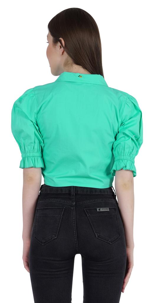 Moomaya Puff Sleeve Crop Top For Women Solid Button Down Collar Designer