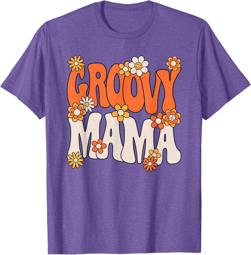 Groovy Mama Hippie 70s Retro Floral Print Cotton Graphic T-Shirt Casual Women Tee