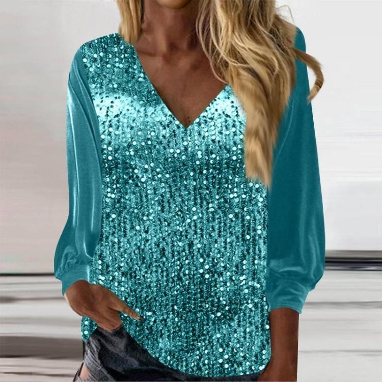 Sparkly Sequin Blouse for Women Loose Long Sleeve Shiny V Neck Party Dressy Shirt Holiday Evening Wear