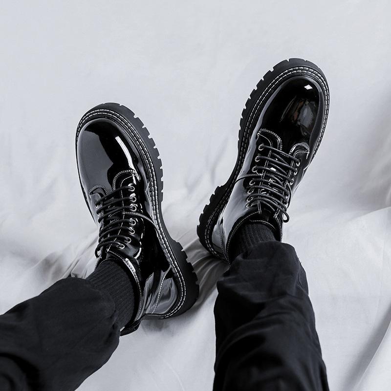 Botas de plataforma masculinas de lazer pretas tendência sapatos de couro envernizado festa baile vestido bota de tornozelo cowboy primavera outono cano curto botas hombre