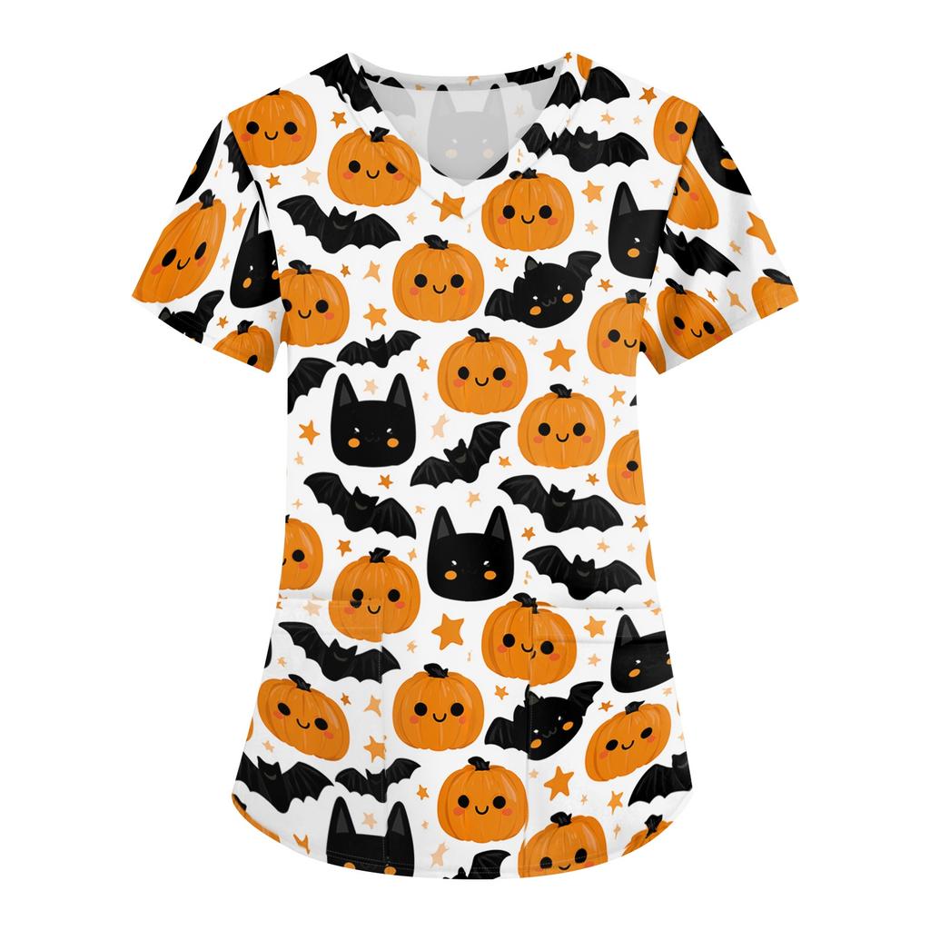 Kvindelig V-hals Kortærmet Kittel med Dobbeltlomme Halloween Print til Uniform