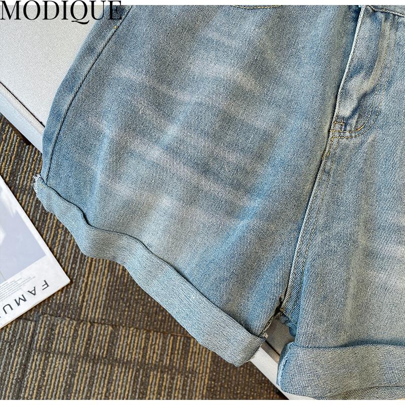 MODIQUE Summer Plus Size Jeans Pantaloni scurti elastici femei largi, drepti, casual, asimetrici, hotsweet, femei, pantaloni de bază cu talie înaltă