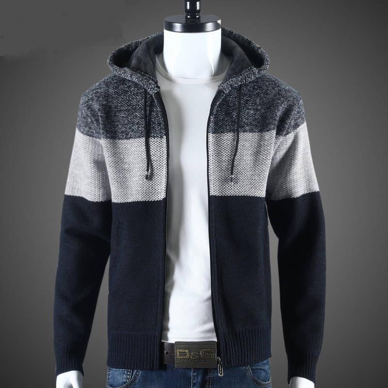 Men's Fall and Winter Hooded Sweater Patchwork Knitted Jacket Windproof Warm Knitted Jacket