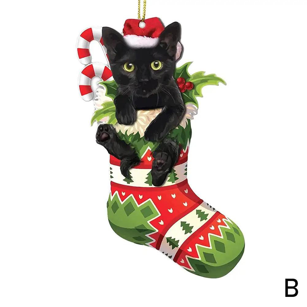 Charming Black Cat Christmas Ornament 2D Acrylic Hanging Decor For Tree Car Mirror Keychain Kid Xmas Gift Holiday Party Sup Q3E6