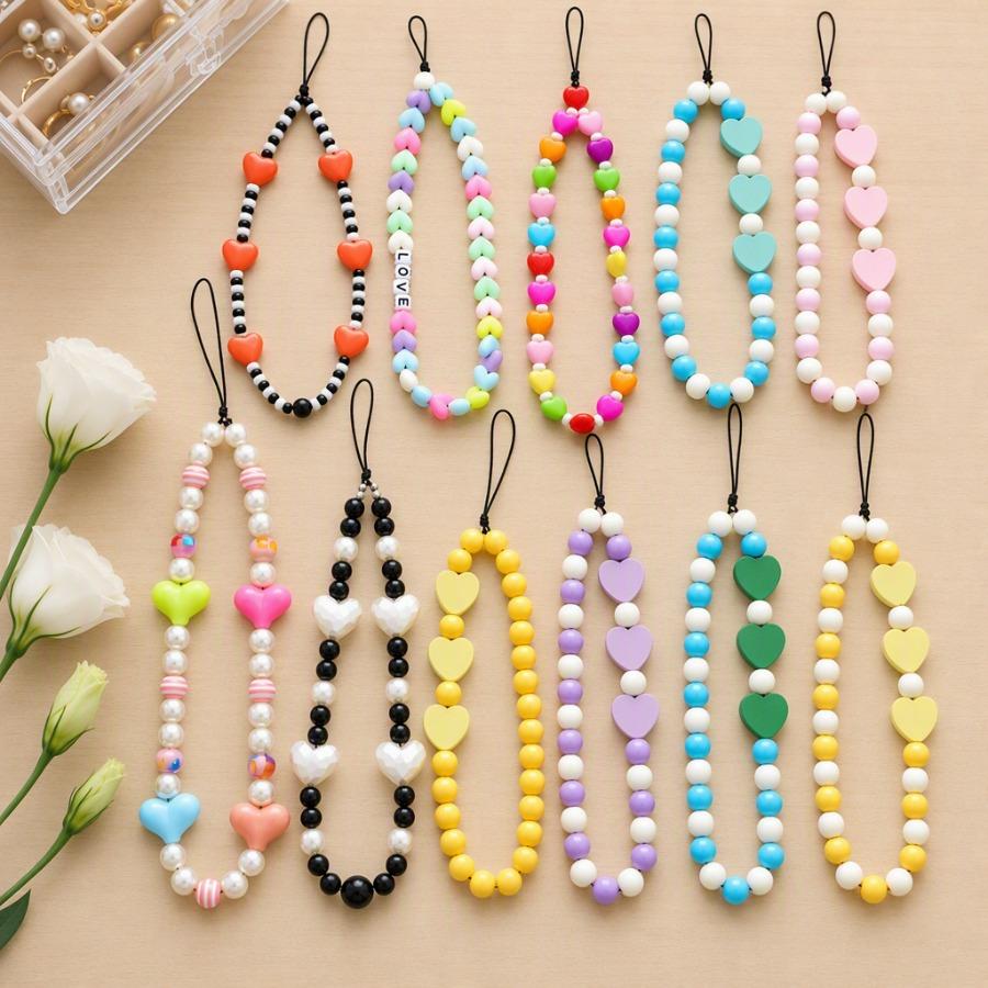 New Heart-Shaped Beaded Phone Chain, Wooden Heart Accessory, Anti-Drop and Anti-Loss Phone Case Pendant, Wristband