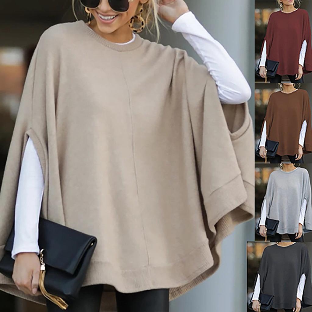 Women Fashion Solid Color Print Loose Hooded  Sleeve Splitter Long Sleeve Top