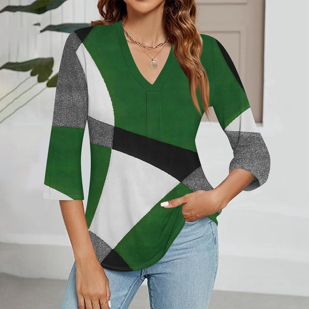 Modisches Oberteil mit V-Ausschnitt, Farbverlauf-Print und Dreiviertelärmeln für Damen