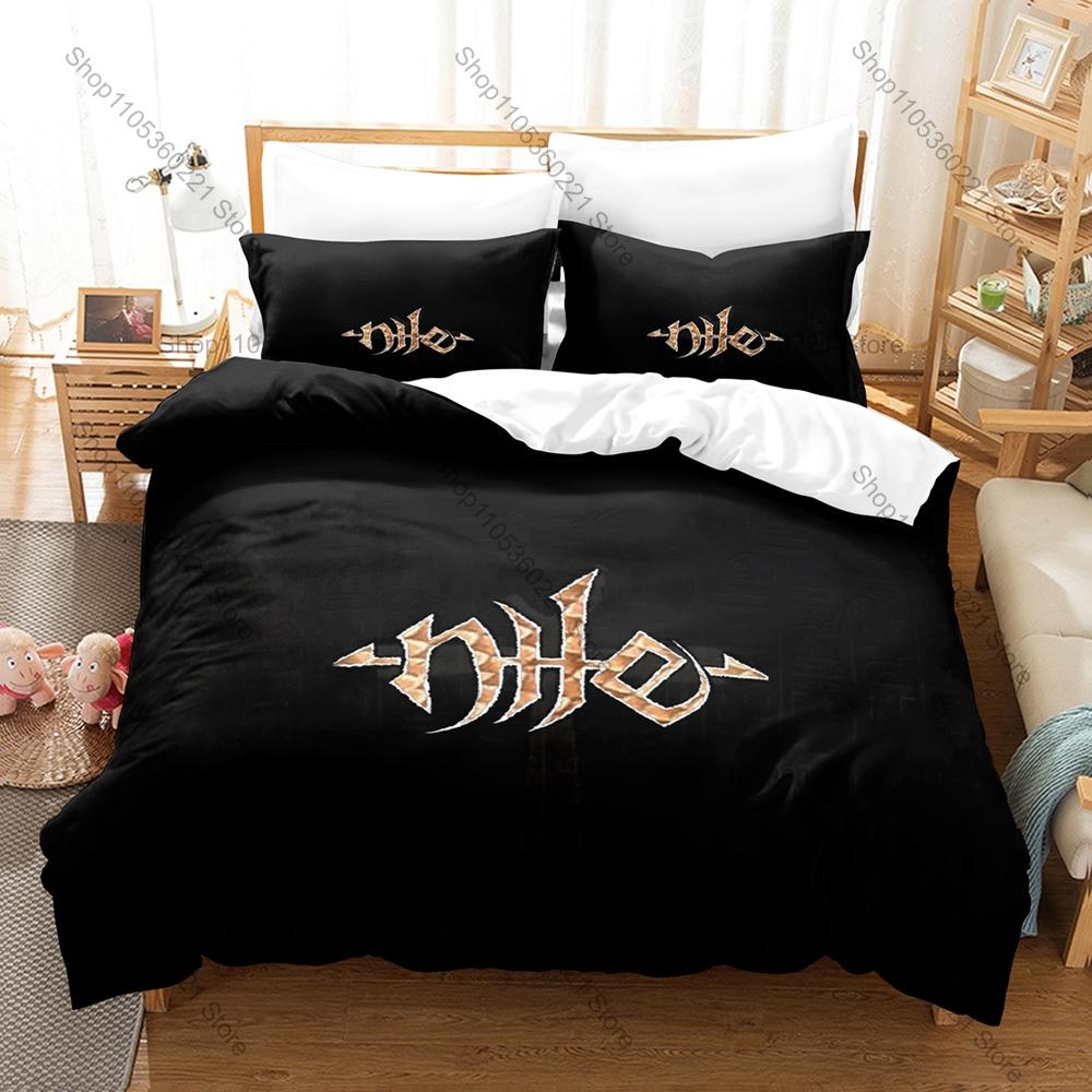 Nile Band Themed Duvet Cover + 2 Pillowcases, Ancient Egyptian Mythology Graphic Bedding Set Home Dorm Decoration for Rock Music