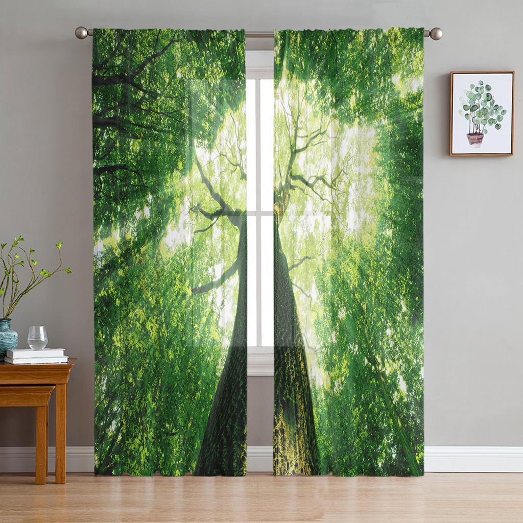Grüne Waldsonne, natürliche Landschaft, transparente Tüll-Fenstervorhänge für Wohnzimmer und Schlafzimmer, moderne Voile-Organza-Vorhänge