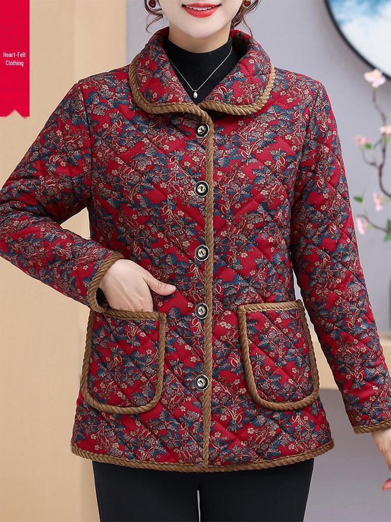 Mom's Winter Coat: Floral Print, Fleece-Lined Quilted Jacket for Mid-aged & Elderly Women - 2025